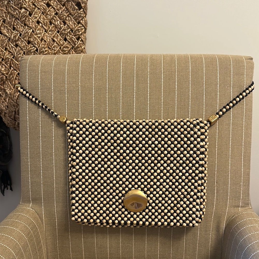 Tory Burch Elegant Black and Cream Beaded Women's Crossbody Bag.
